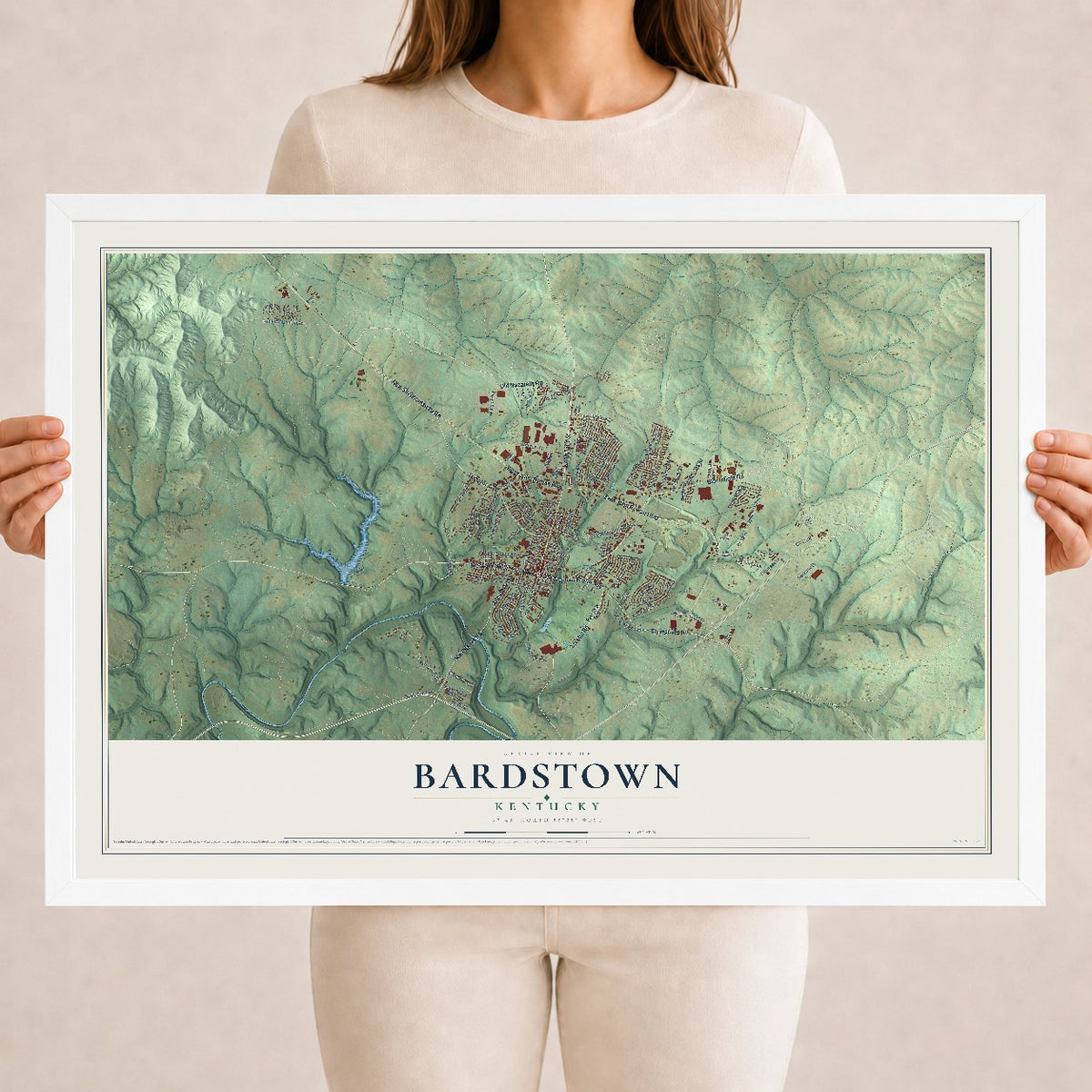 Map of Bardstown, Kentucky, 18 x 24 inch print in a white wood frame