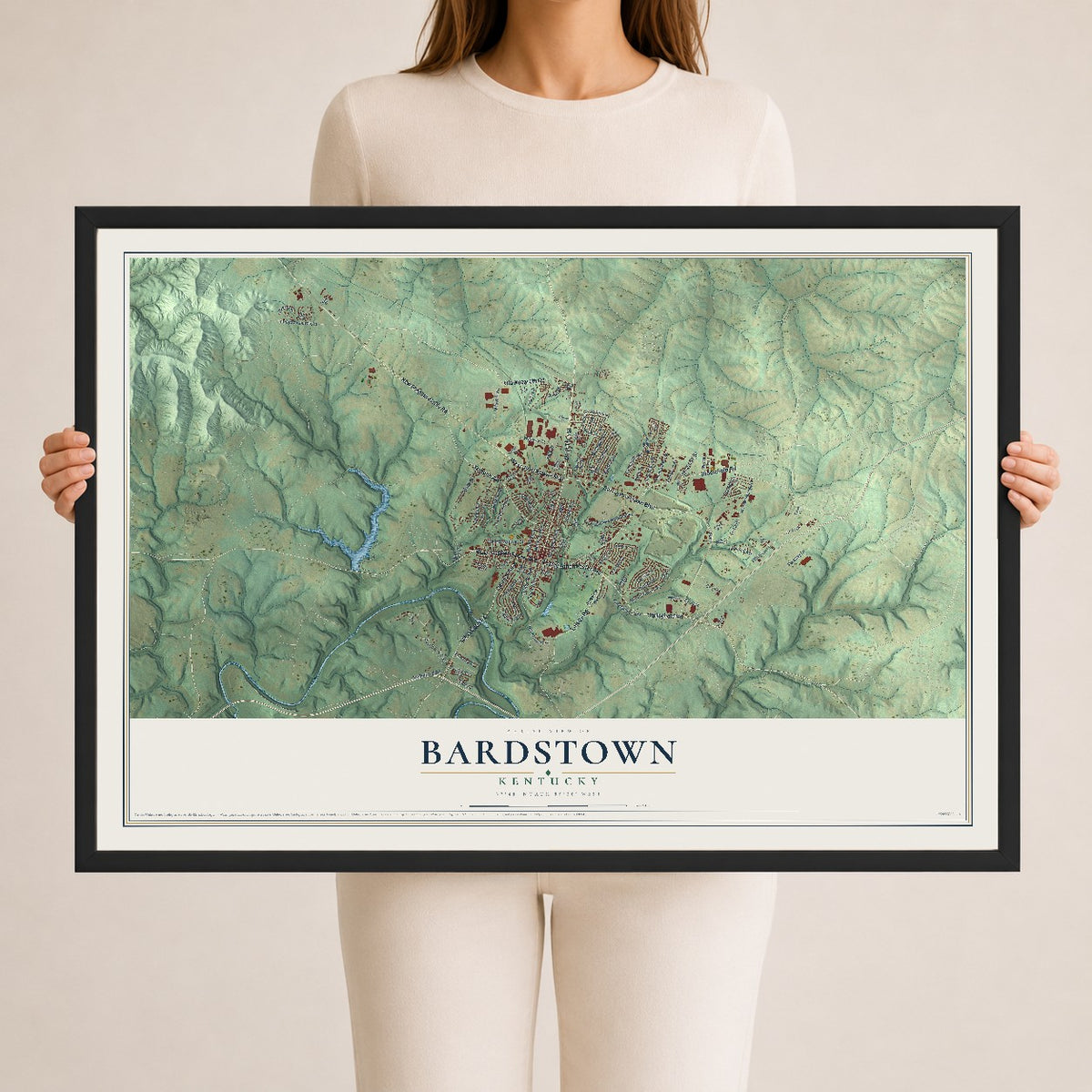 Map of Bardstown, Kentucky, 24 x 36 inch print in a black wood frame