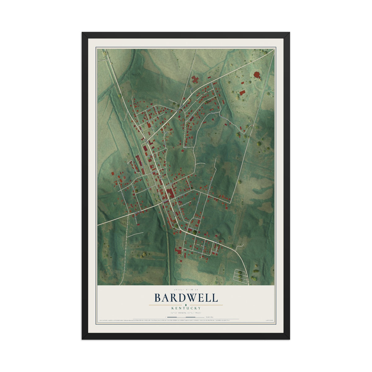 Map of Bardwell, Kentucky, 12 x 18 inch print in a black wood frame