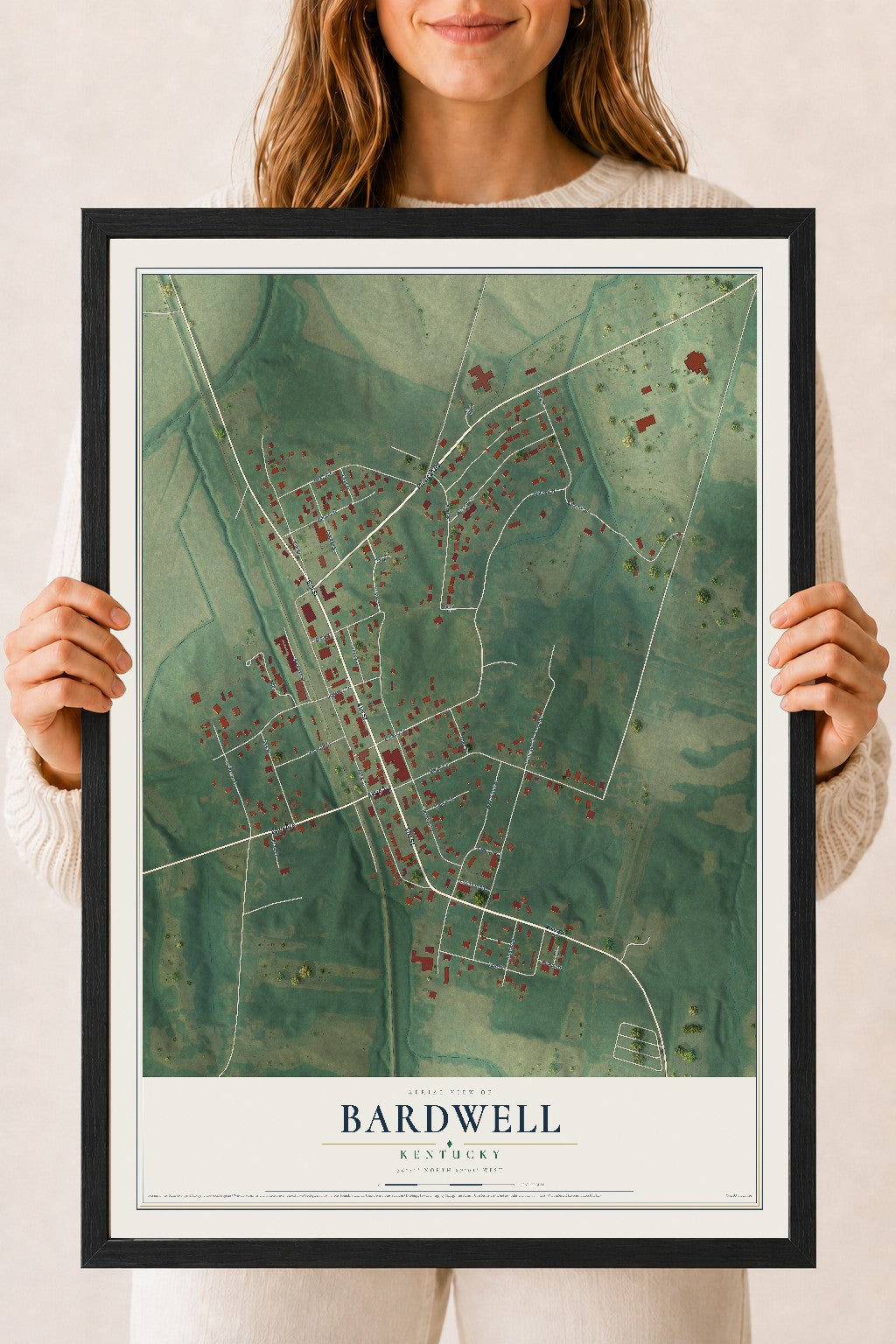 Map of Bardwell, Kentucky, 18 x 24 inch print in a black wood frame