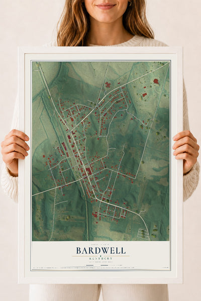 Map of Bardwell, Kentucky, 18 x 24 inch print in a white wood frame