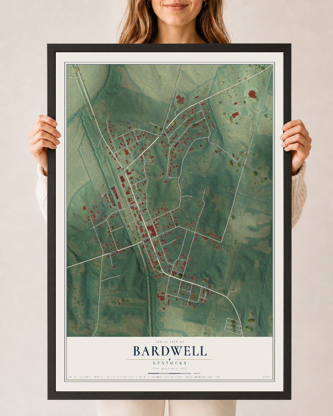 Map of Bardwell, Kentucky, 24 x 36 inch print in a black wood frame