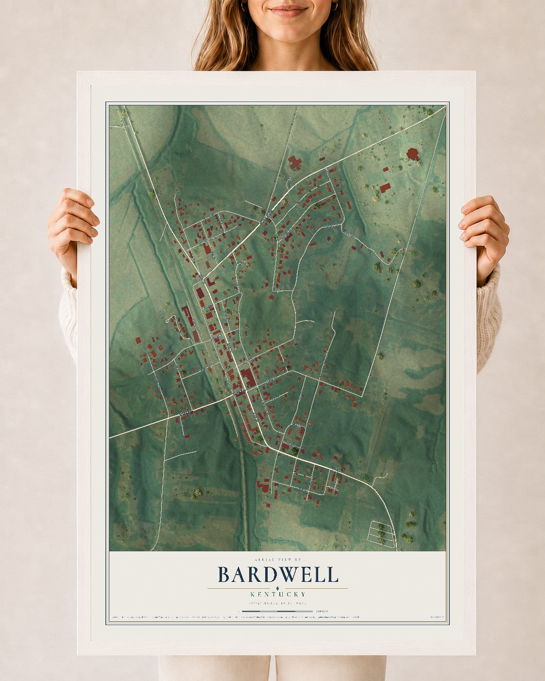 Map of Bardwell, Kentucky, 24 x 36 inch print in a white wood frame