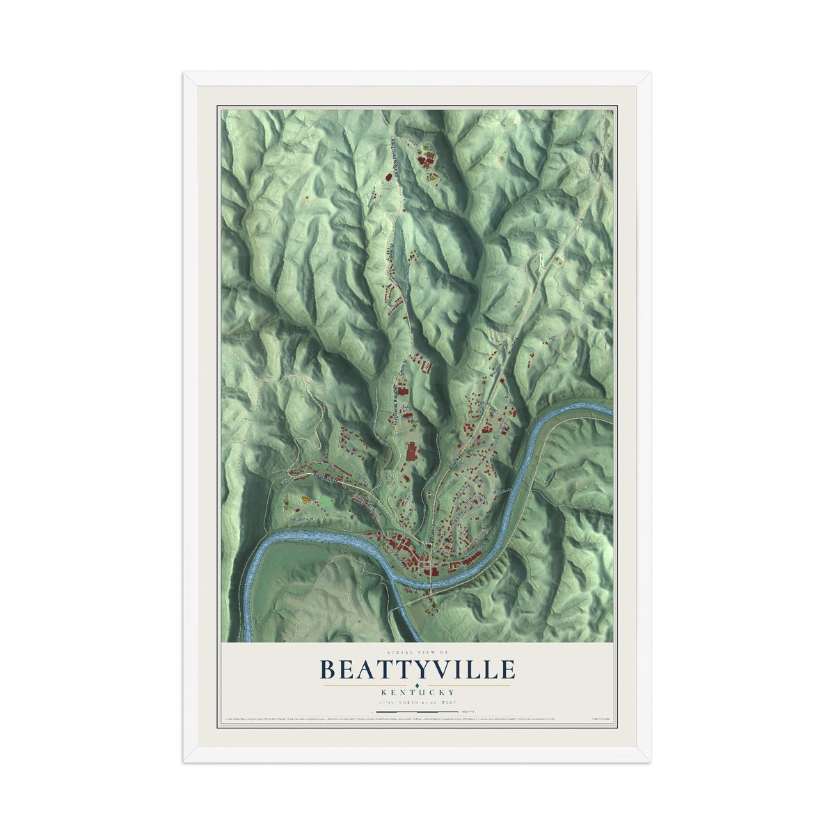 Map of Beattyville, Kentucky, 12 x 18 inch print in a white wood frame