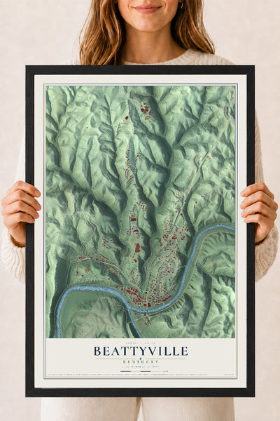 Map of Beattyville, Kentucky, 18 x 24 inch print in a black wood frame
