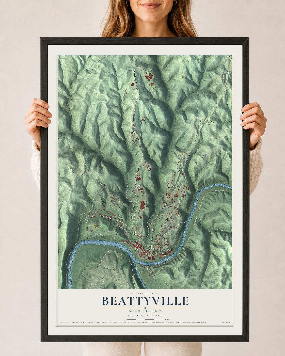 Map of Beattyville, Kentucky, 24 x 36 inch print in a black wood frame