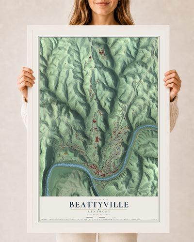 Map of Beattyville, Kentucky, 24 x 36 inch print in a white wood frame