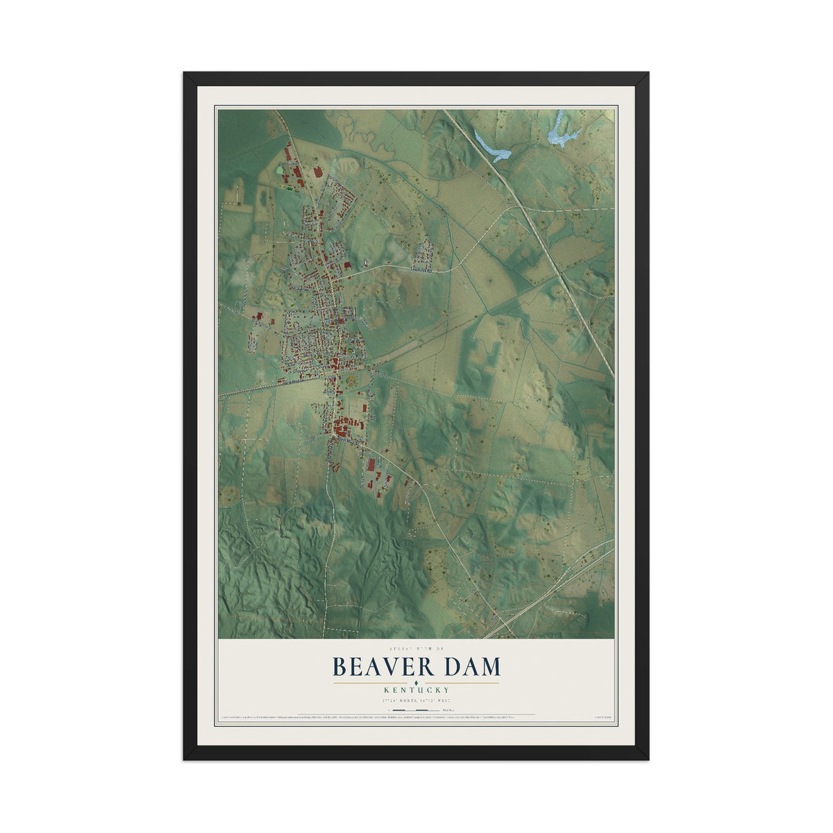 Map of Beaver Dam, Kentucky, 12 x 18 inch print in a black wood frame