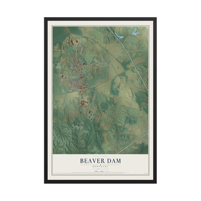 Map of Beaver Dam, Kentucky, 12 x 18 inch print in a black wood frame