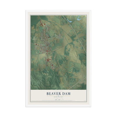 Map of Beaver Dam, Kentucky, 12 x 18 inch print in a white wood frame