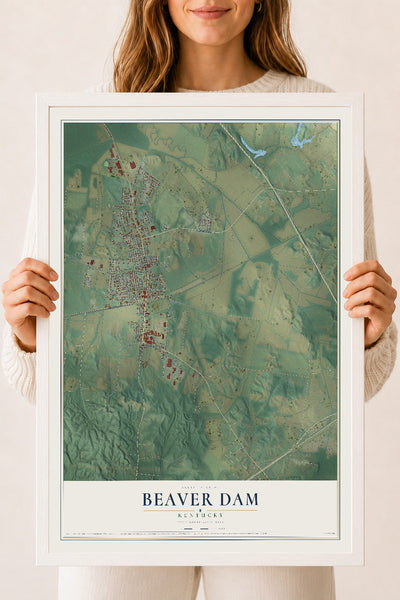 Map of Beaver Dam, Kentucky, 18 x 24 inch print in a white wood frame