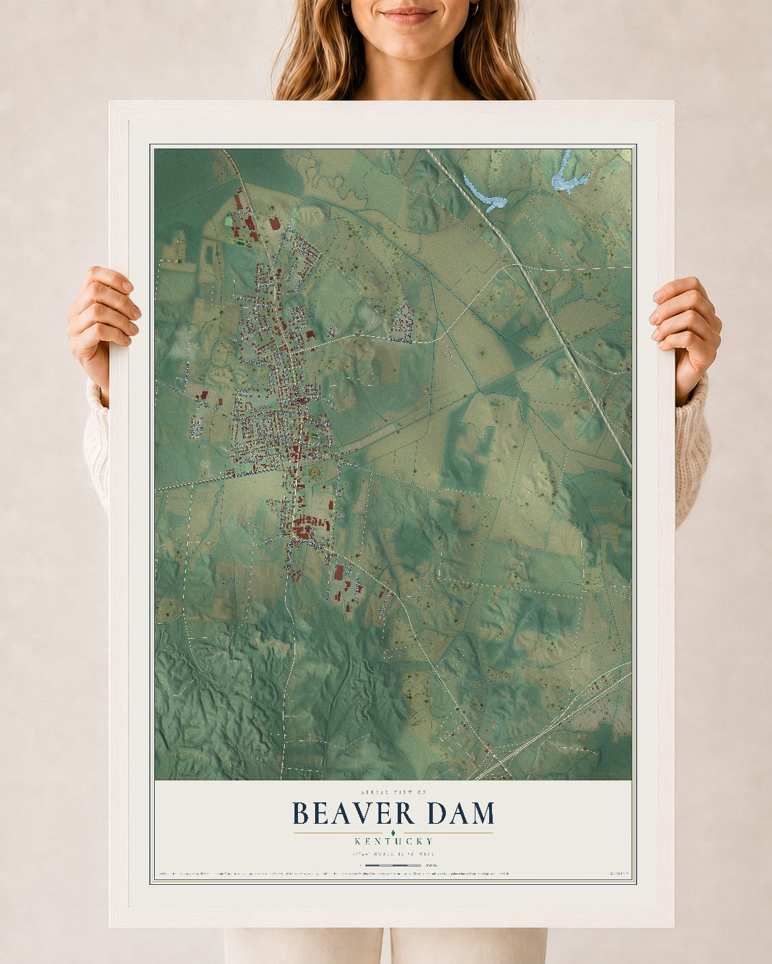 Map of Beaver Dam, Kentucky, 24 x 36 inch print in a white wood frame