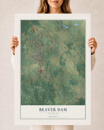 Map of Beaver Dam, Kentucky, 24 x 36 inch print in a white wood frame