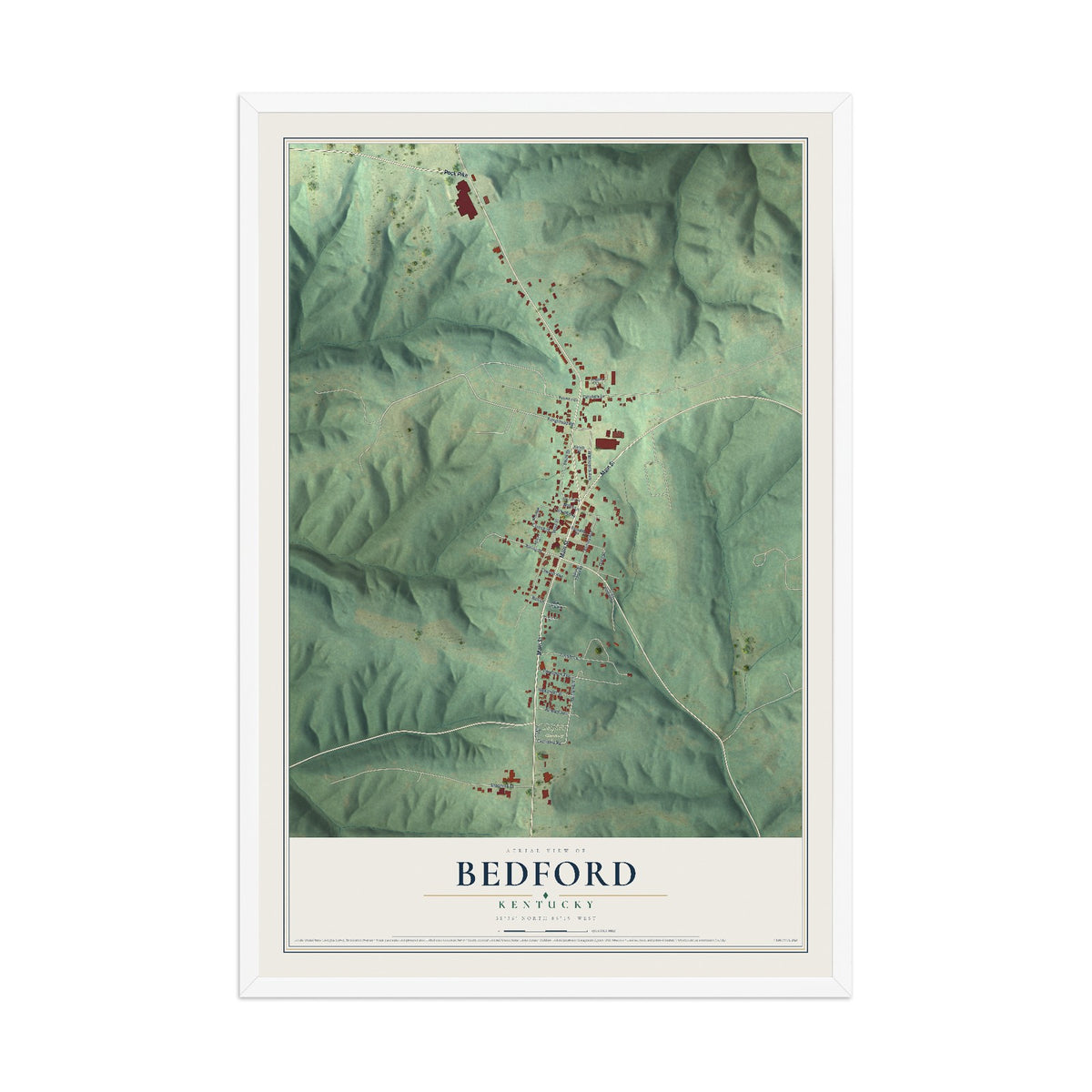 Map of Bedford, Kentucky, 12 x 18 inch print in a white wood frame