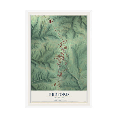 Map of Bedford, Kentucky, 12 x 18 inch print in a white wood frame