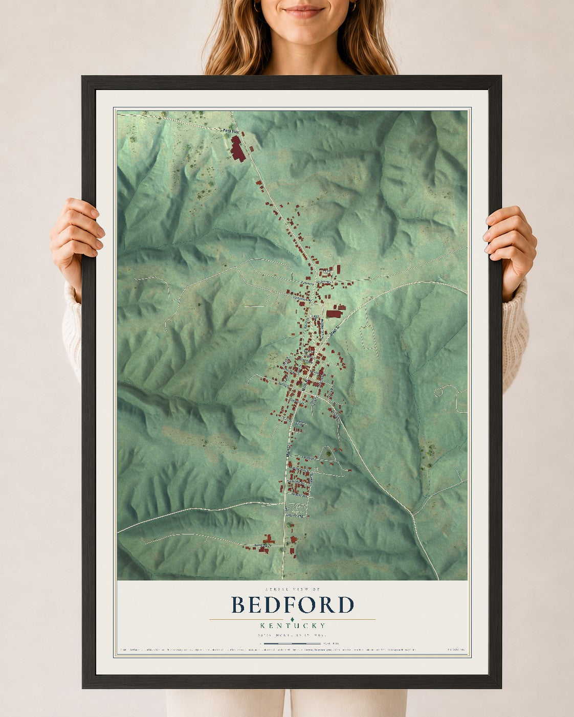 Map of Bedford, Kentucky, 24 x 36 inch print in a black wood frame