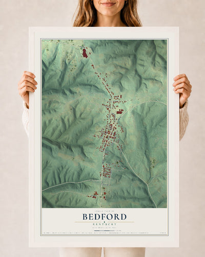 Map of Bedford, Kentucky, 24 x 36 inch print in a white wood frame