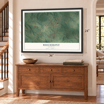 Beechmont, Kentucky map, 24 x 36 inch print in a black frame above a dresser by a staircase