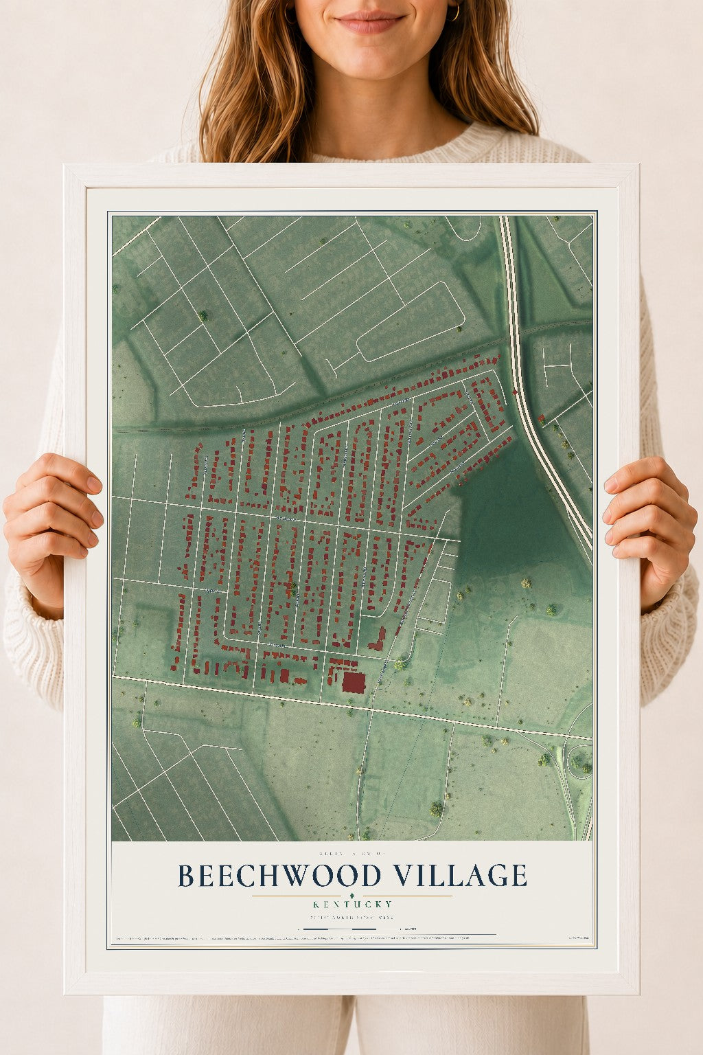Map of Beechwood Village, Kentucky, 18 x 24 inch print in a white wood frame