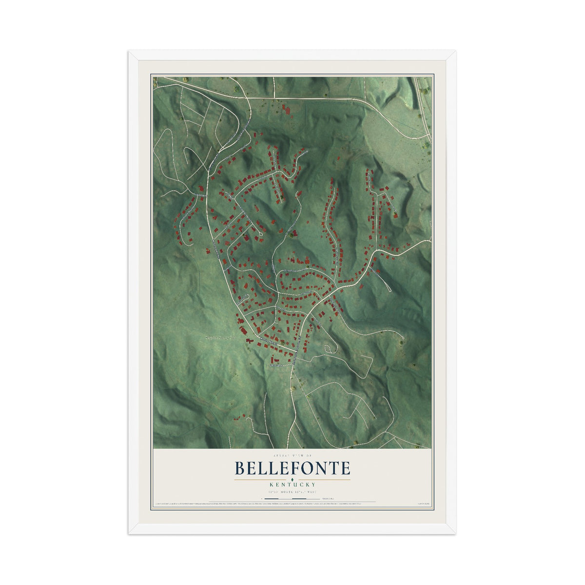 Map of Bellefonte, Kentucky, 12 x 18 inch print in a white wood frame