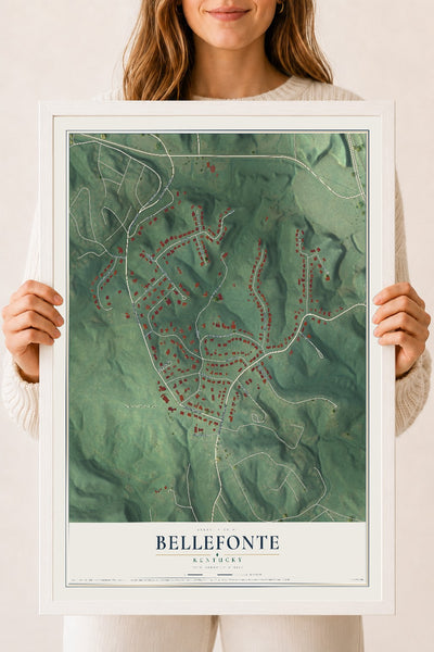 Map of Bellefonte, Kentucky, 18 x 24 inch print in a white wood frame