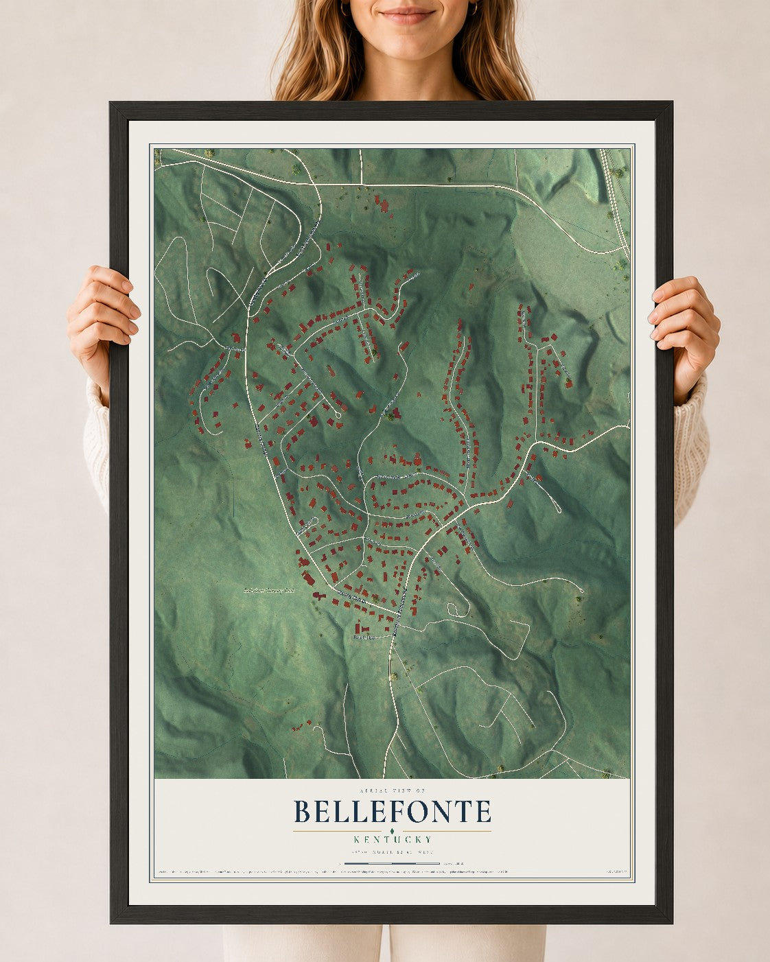 Map of Bellefonte, Kentucky, 24 x 36 inch print in a black wood frame