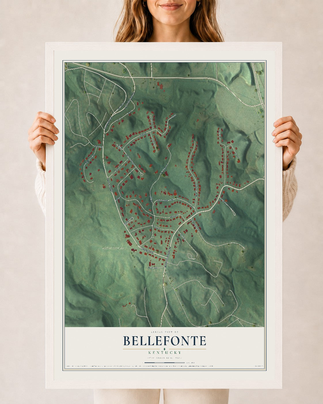 Map of Bellefonte, Kentucky, 24 x 36 inch print in a white wood frame