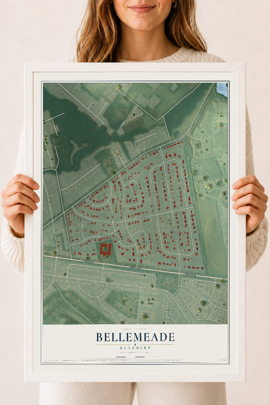Map of Bellemeade, Kentucky, 18 x 24 inch print in a white wood frame