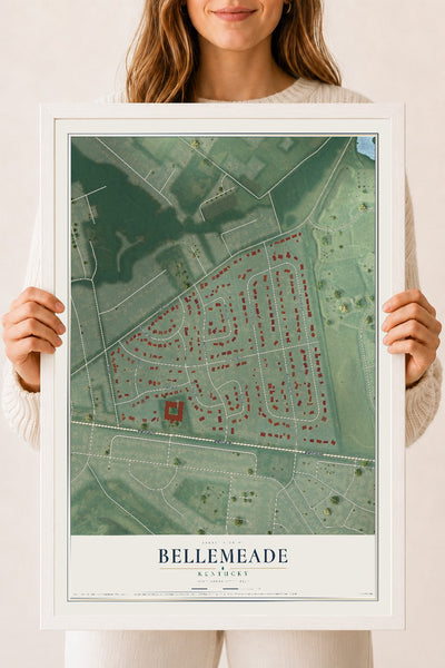 Map of Bellemeade, Kentucky, 18 x 24 inch print in a white wood frame