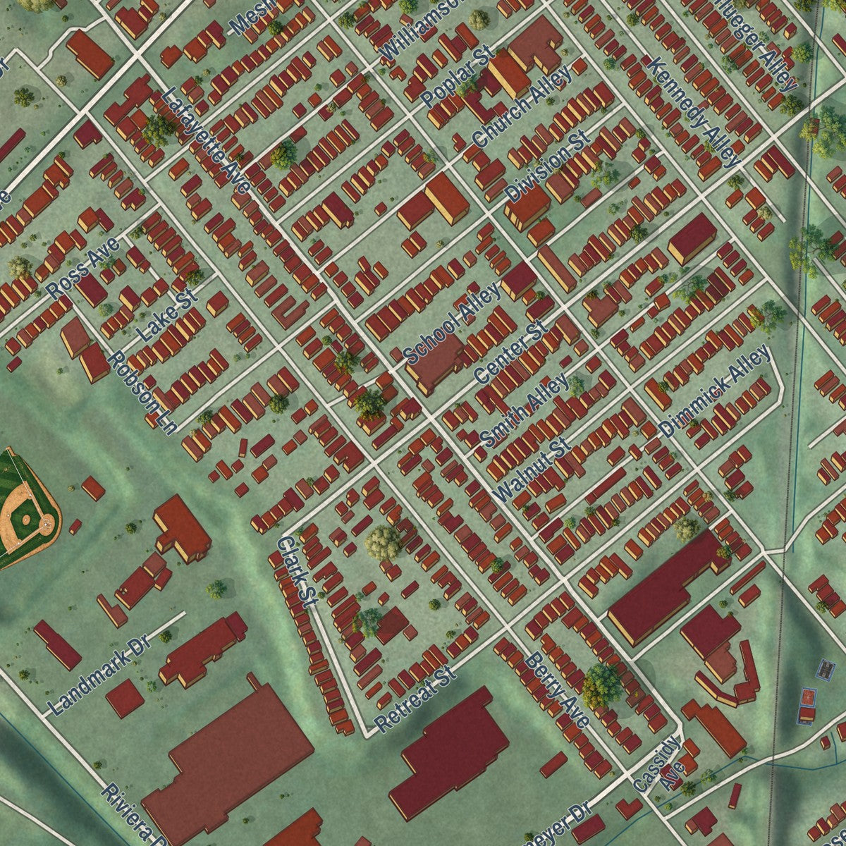 Close-up of the map of Bellevue, Kentucky print showing street and building detail