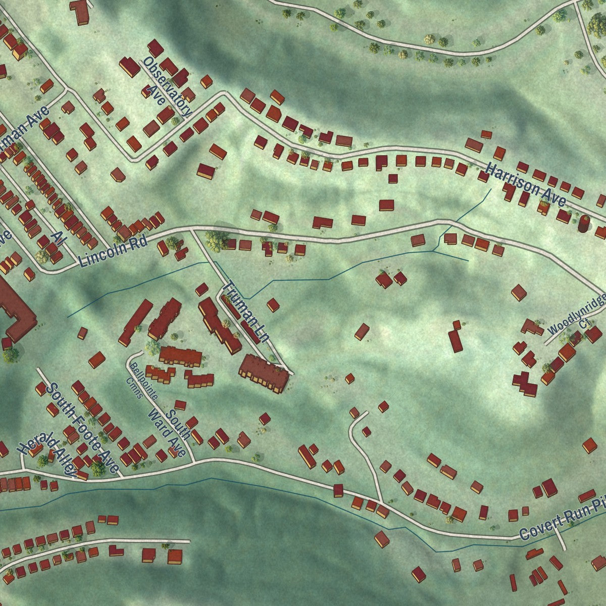 Second close-up of the map of Bellevue, Kentucky print showing more streets and buildings