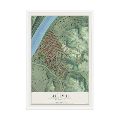 Map of Bellevue, Kentucky, 12 x 18 inch print in a white wood frame
