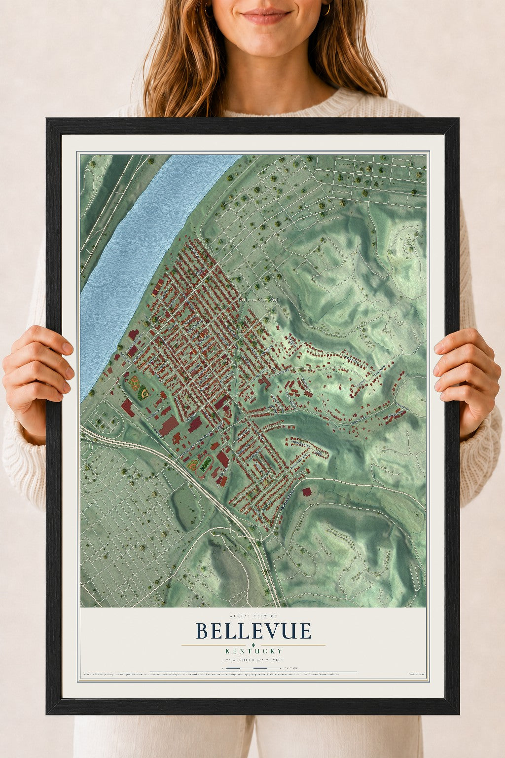 Map of Bellevue, Kentucky, 18 x 24 inch print in a black wood frame