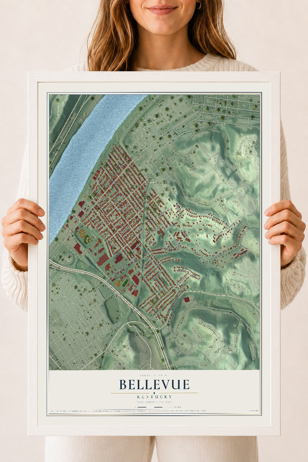 Map of Bellevue, Kentucky, 18 x 24 inch print in a white wood frame