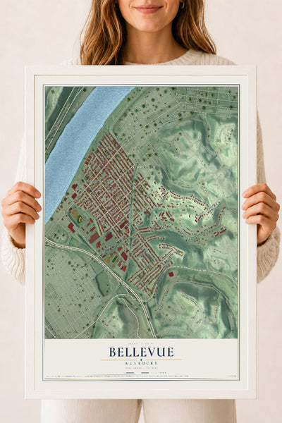 Map of Bellevue, Kentucky, 18 x 24 inch print in a white wood frame
