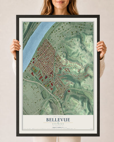 Map of Bellevue, Kentucky, 24 x 36 inch print in a black wood frame