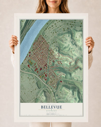 Map of Bellevue, Kentucky, 24 x 36 inch print in a white wood frame
