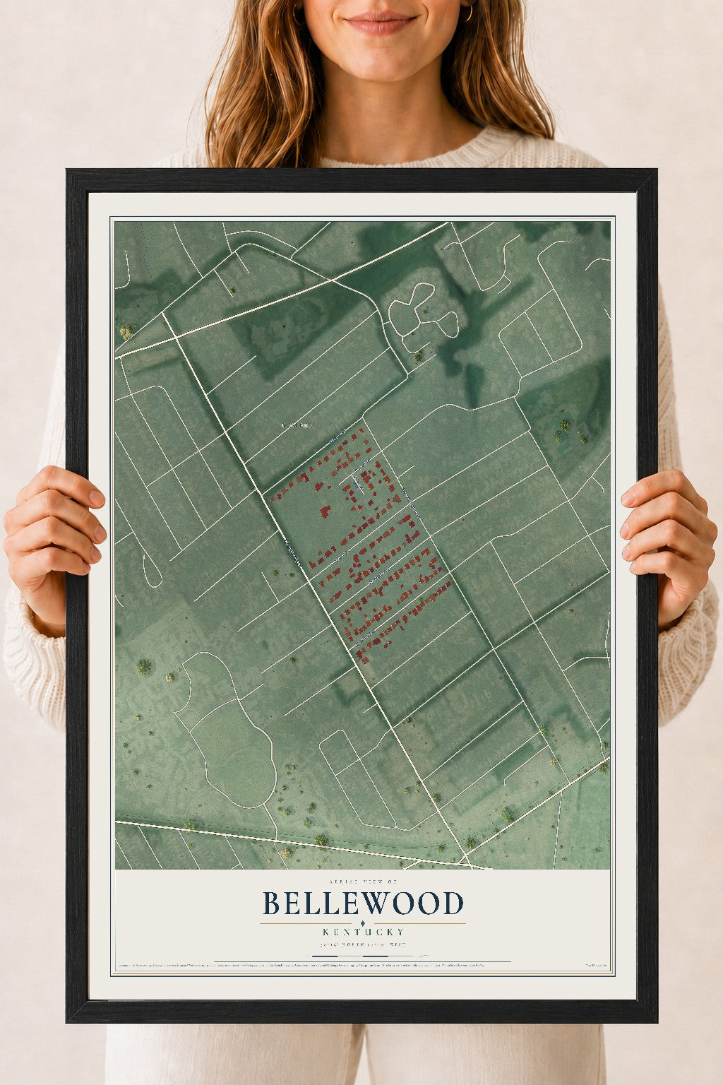 Map of Bellewood, Kentucky, 18 x 24 inch print in a black wood frame