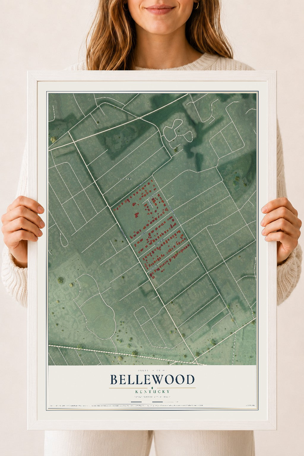 Map of Bellewood, Kentucky, 18 x 24 inch print in a white wood frame
