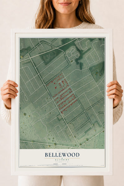 Map of Bellewood, Kentucky, 18 x 24 inch print in a white wood frame