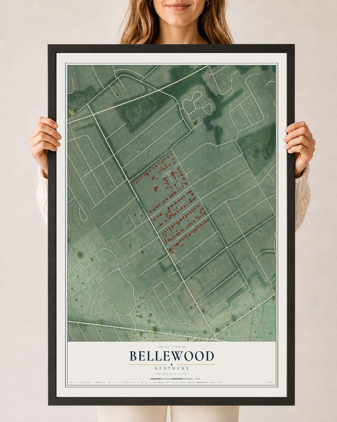 Map of Bellewood, Kentucky, 24 x 36 inch print in a black wood frame