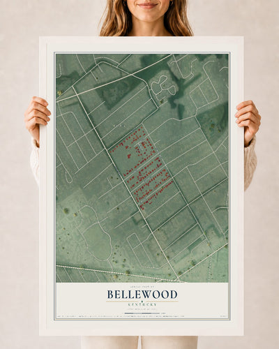Map of Bellewood, Kentucky, 24 x 36 inch print in a white wood frame