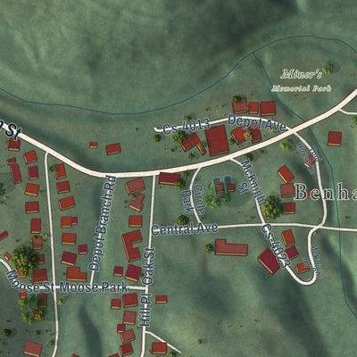 Close-up of the map of Benham, Kentucky print showing street and building detail