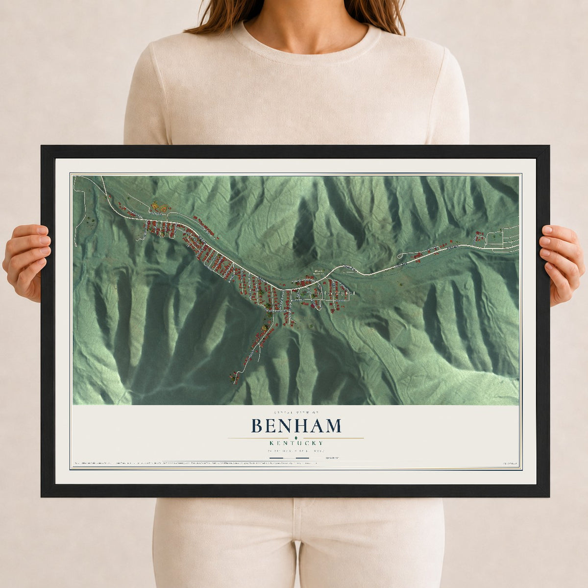 Map of Benham, Kentucky, 12 x 18 inch print in a black wood frame