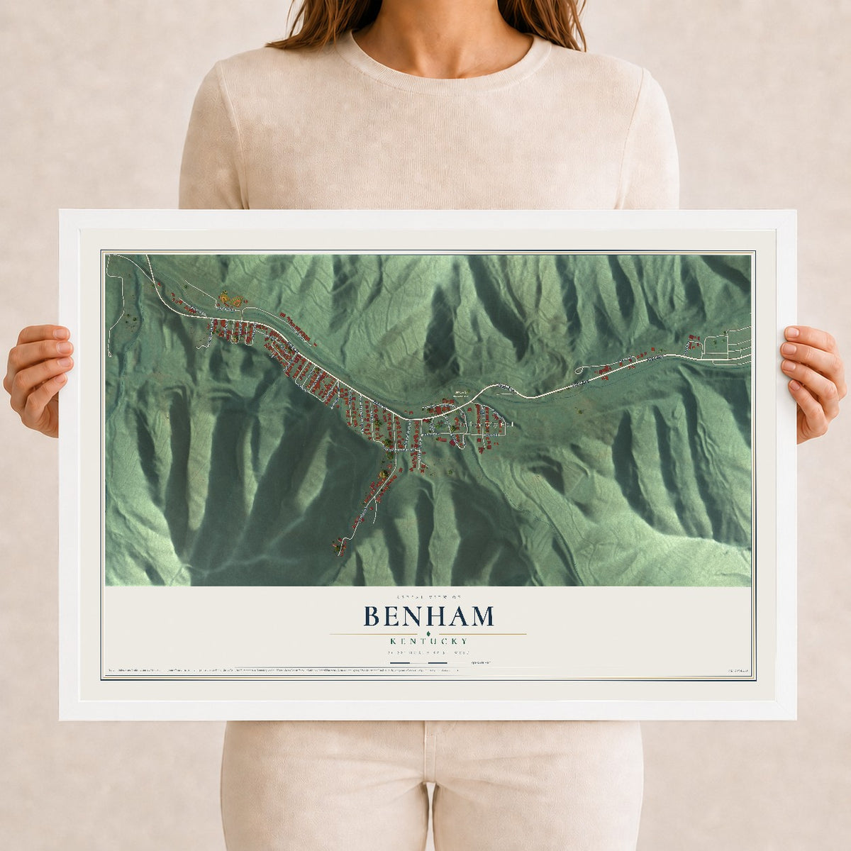 Map of Benham, Kentucky, 12 x 18 inch print in a white wood frame
