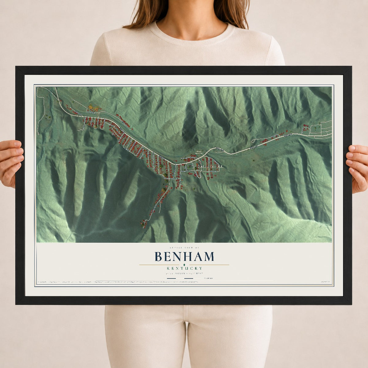 Map of Benham, Kentucky, 18 x 24 inch print in a black wood frame