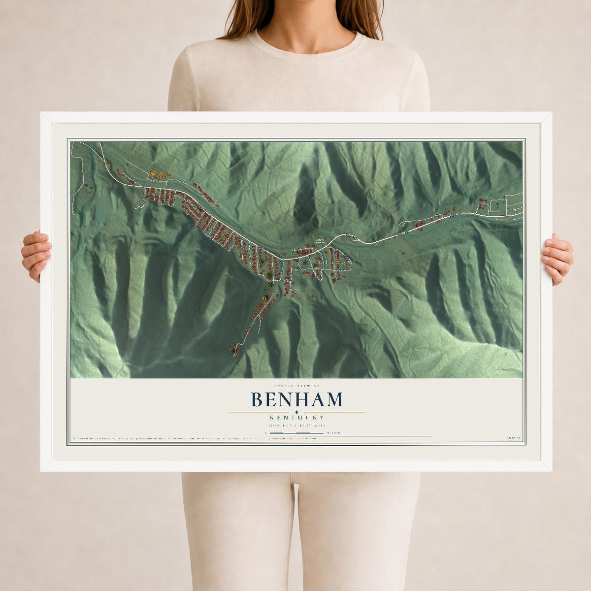 Map of Benham, Kentucky, 24 x 36 inch print in a white wood frame