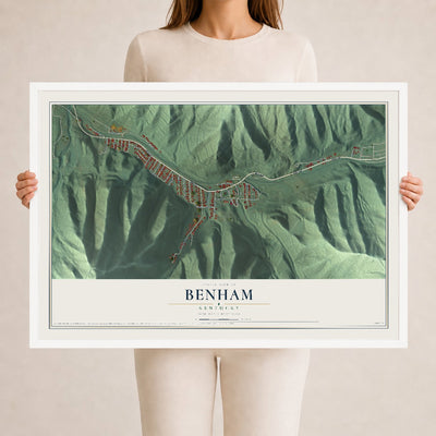 Map of Benham, Kentucky, 24 x 36 inch print in a white wood frame