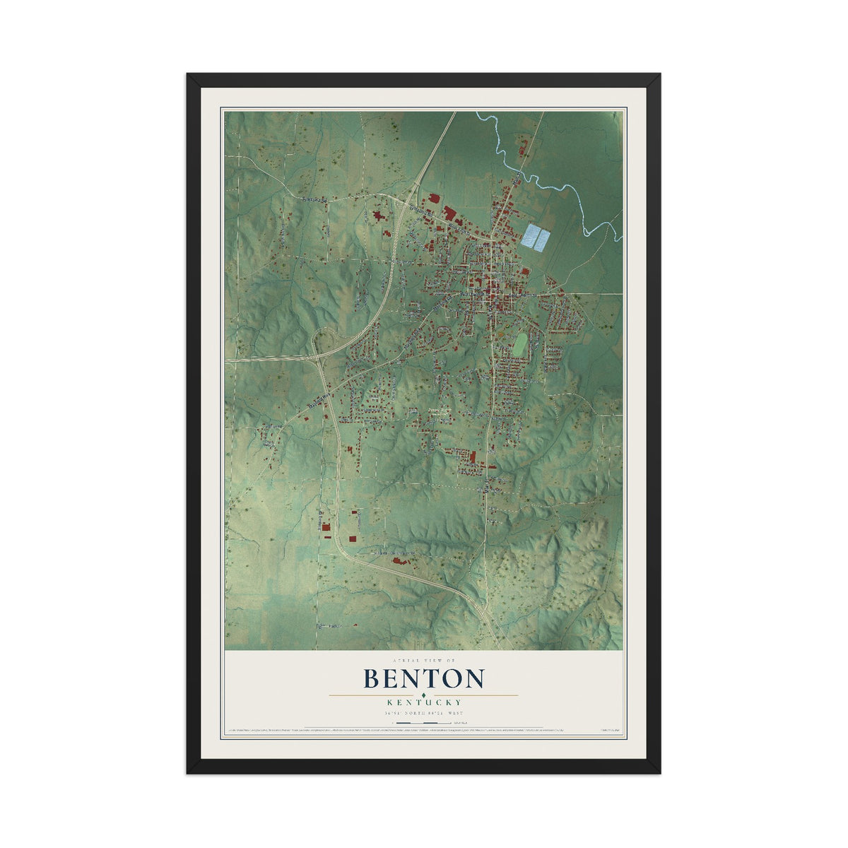 Map of Benton, Kentucky, 12 x 18 inch print in a black wood frame