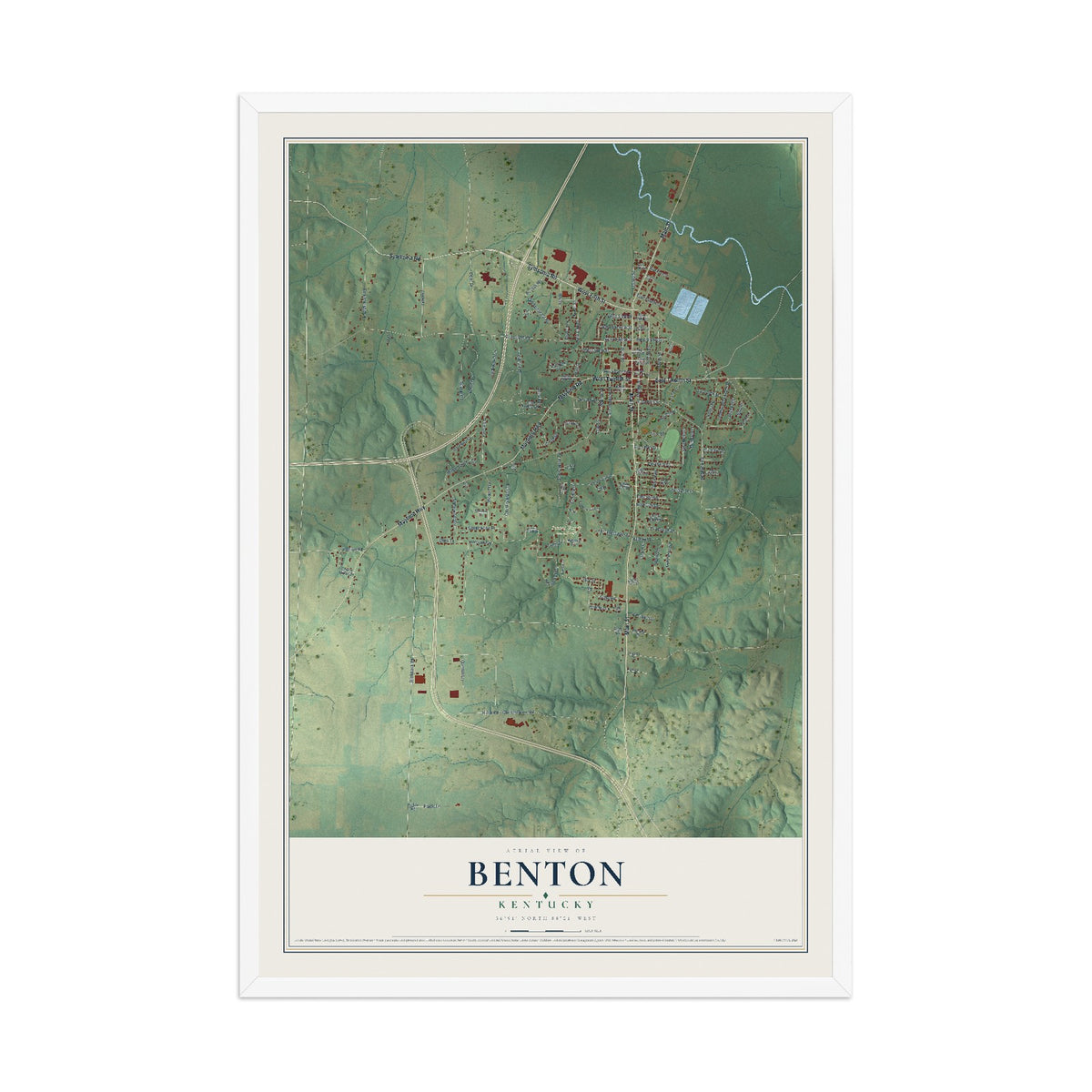 Map of Benton, Kentucky, 12 x 18 inch print in a white wood frame